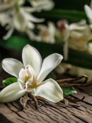 fleur d'orchidées avec des gousses de vanille de Madagascar autour